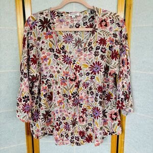 Andree by Unit V Neck Floral Baby‎ Doll Blouse 3/4 Bell Sleeve Size Large Shirt